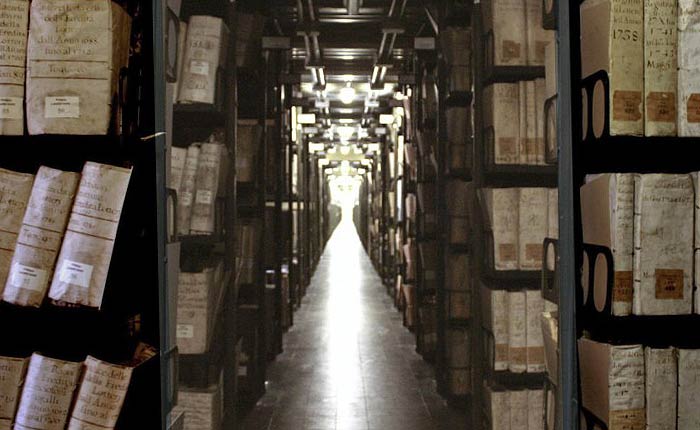 Rows of bookshelves in the Vatican Secret Archive