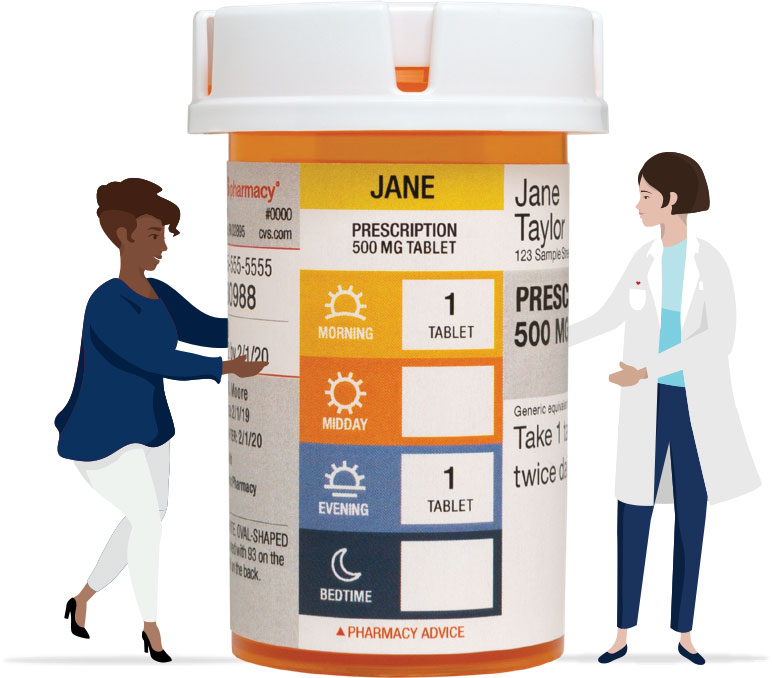 Spoken Rx - Pharmacist and patient stand next to a pill bottle