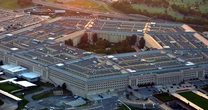 The Pentagon, exterior from above at sunset